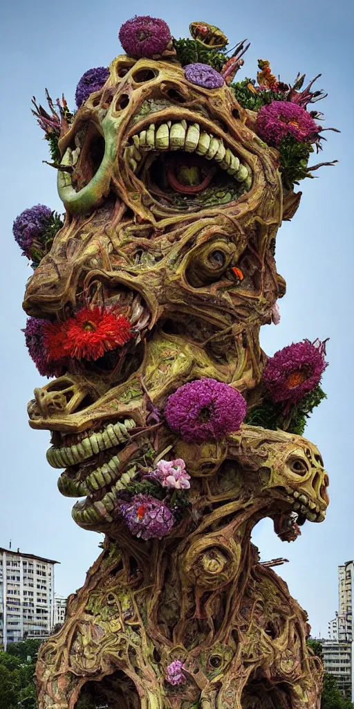 Image similar to colossal grotesque prehistoric psyhedelic alien predator flower made from best unfulfilled mankind projects in the middle of abandoned post soviet constructivist cityscape, Stalinist architecture, ultradetailed, Intricate by Hayao Miyazaki and Josan Gonzalez and Makoto Shinkai and Giuseppe Arcimboldo and Wes Anderson