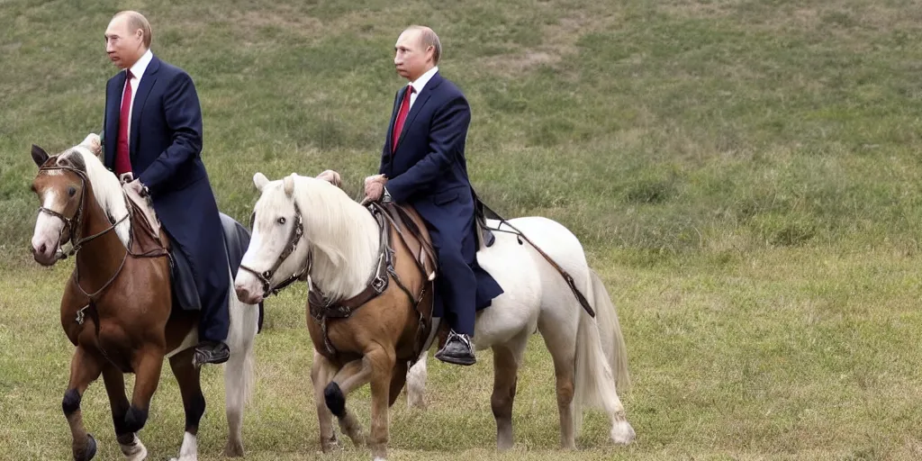 Image similar to putin horseback with no shirt, trump horseback with no shirt, holding hands
