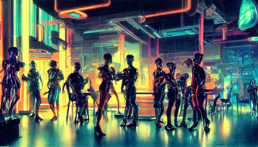 Image similar to a group of augmented cyberpunk characters talking in a night club, neon lighting, sci-fi concept art, by Syd Mead, highly detailed, oil on canvas