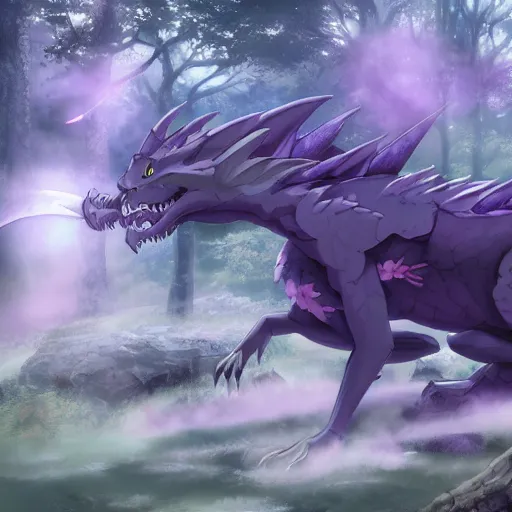 Prompt: concept art painting of an anthropomorphic purple gray anime dragon, in the deep forest, realistic, detailed, cel shaded, in the style of makoto shinkai and greg rutkowski and james gurney