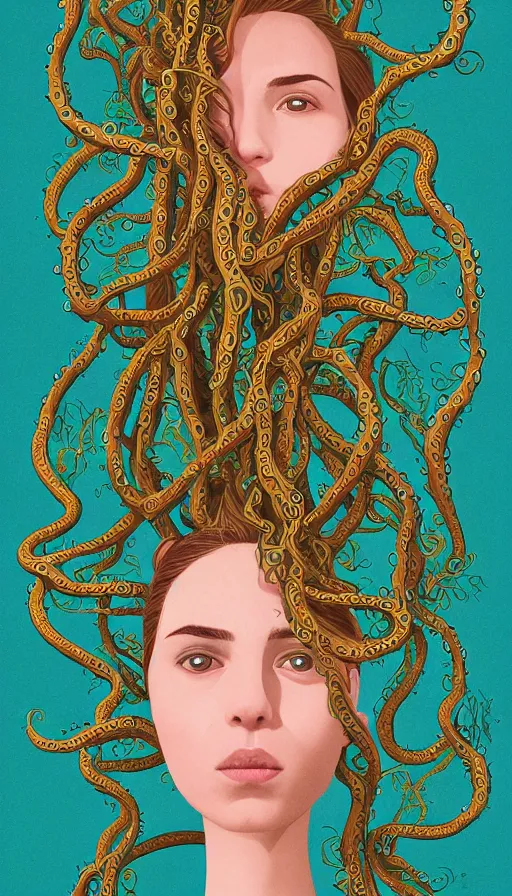 Prompt: very detailed portrait of a 2 0 years old girl surrounded by tentacles, the youg woman visage is blooming from fractal and vines, by wes anderson,