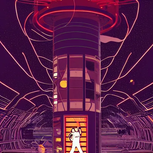 Prompt: !dream Stunningly intricate illustration of a scared astronaut explorer running in Mars trough 3 columns of white neon light of infinite height, highly detailed, midnight, by Victo Ngai and James Gilleard , Moebius, Laurie Greasley