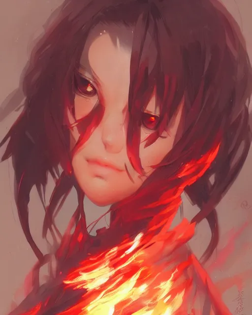 Prompt: red eyed cute anime girl, flames everywhere, highly detailed, digital painting, artstation, concept art, smooth, sharp focus, illustration, art by artgerm and greg rutkowski and alphonse mucha