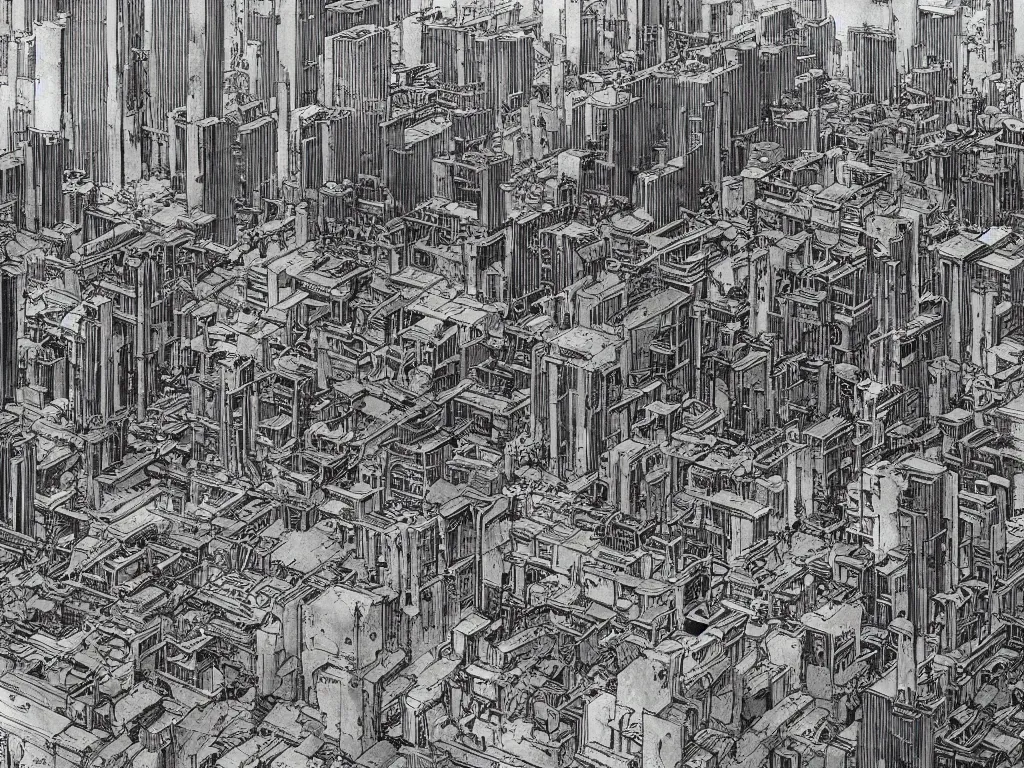 Image similar to dystopian city ruins by Katsuhiro Otomo