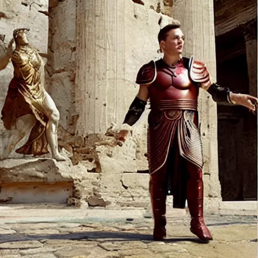 Image similar to elon musk as a roman praetorian in the streets of ancient rome, photograph still