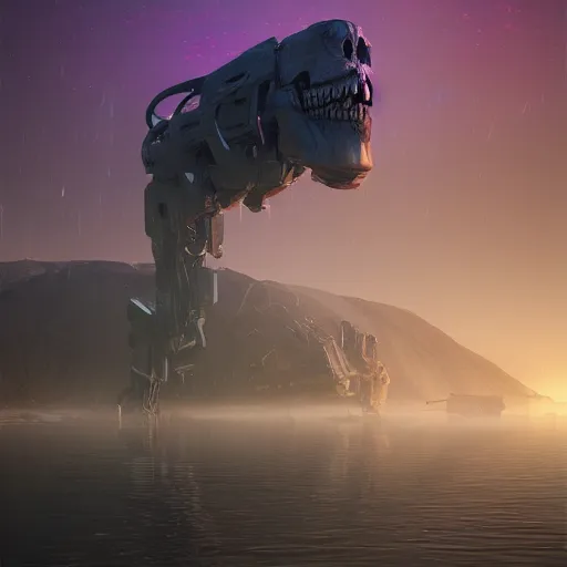 Image similar to beautiful dark bloody flooded landscape, giant robot human skull gears, in the style of beeple and Mike Winkelmann, photo real, ultra realistic, intricate, epic lighting, 8k resolution, unreal engine 5, ultraviolet colors,