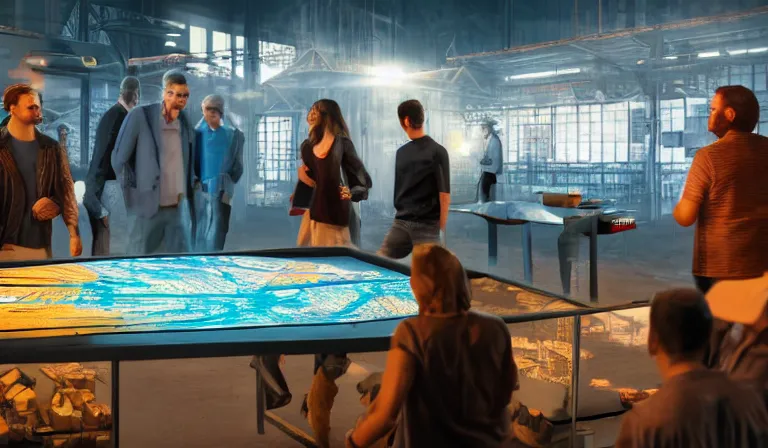 Image similar to group of people in simple warehouse, looking at hologram of futuristic metropolis on a table, cinematic concept art, godrays, golden hour, natural sunlight, 4 k, clear details, tabletop model buildings, center model buildings, hologram center, crane shot, crane shot, crane shot