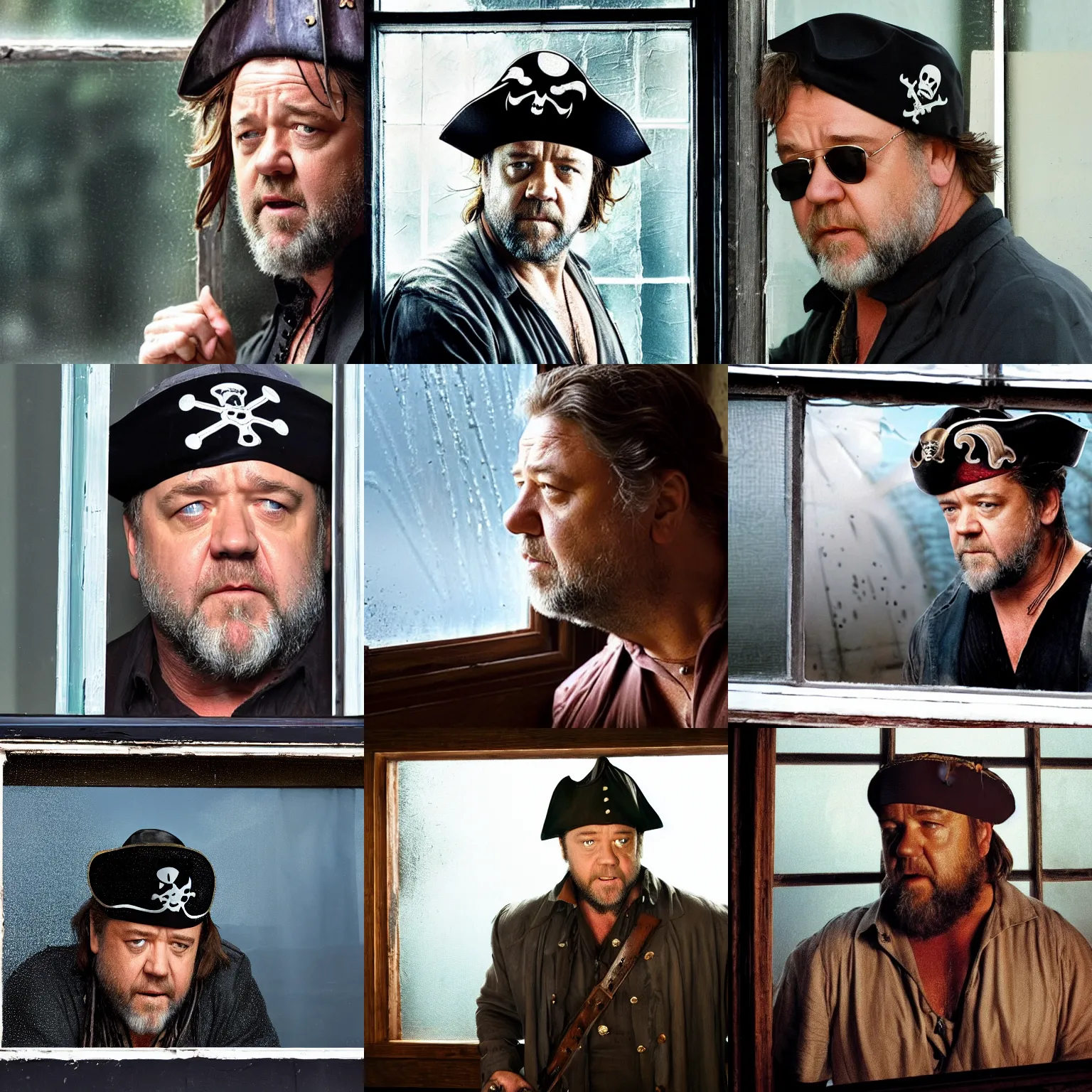 Prompt: russell crowe wearing a pirate hat behind a dirty window staring out