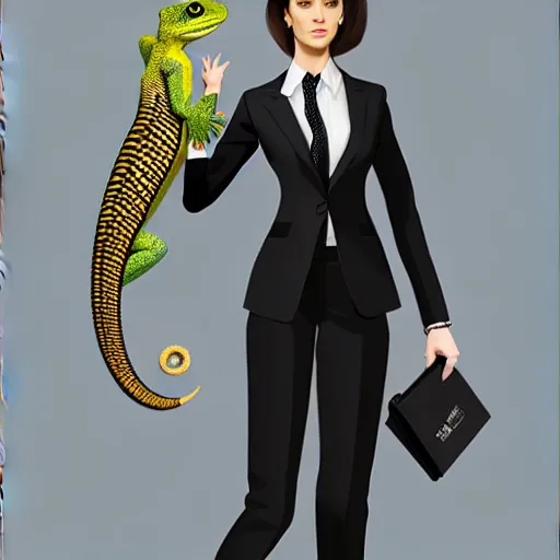 Prompt: fullbody!! personification of a gecko as a business woman wearing a suit, stunning, beautiful face, hyperrealistic, trending on artstation, smooth and sharp, intricate, fine details, highly detailed, elegant, dynamic pose, radiant light, detailed and intricate environment, professional character concept art by tatyana kupriyanova and greg rutkowski and raymond swanland