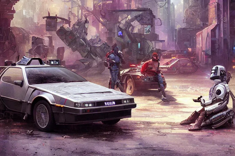 Prompt: photograph of the mandalorian entering a delorean driving down the streets of a cyberpunk abandoned city, back to the future, by greg rutkowski, by stanley artgerm, by alphonse mucha