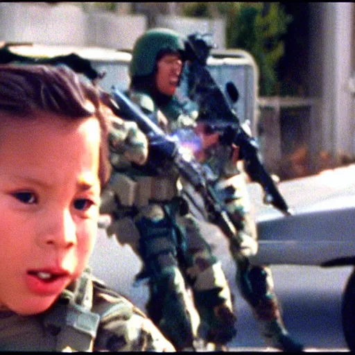 Image similar to film still of Los Angeles Future Commando Squad (1998). Villian chase scene. Sigma 85mm f/8