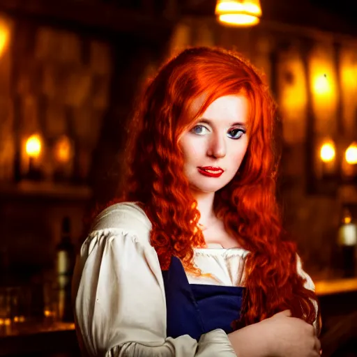 Prompt: beautiful bar maid with auburn hair, in a medieval tavern at night, dramatic, cinematic, filmic, 7 5 mm, f / 1. 8