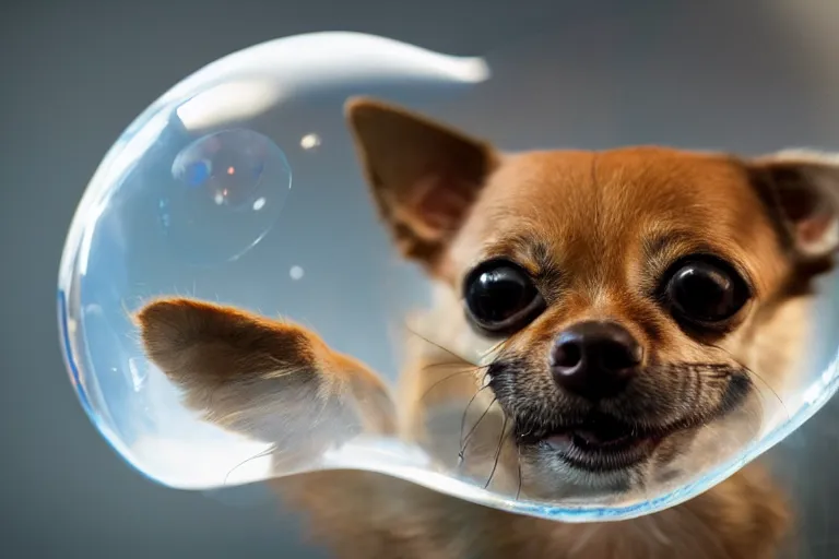 Prompt: photo of a happy chihuahua in a bubble, award - winning photograph, national geographic, 8 k uhd