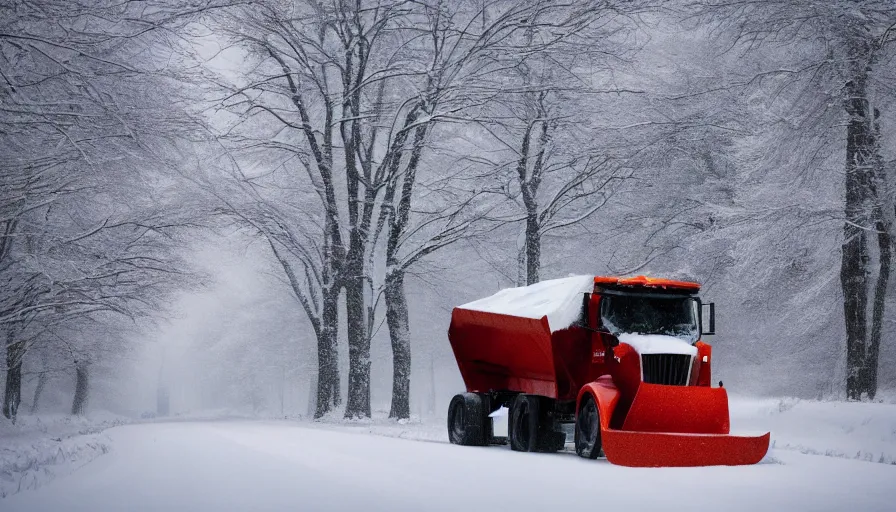 Image similar to snowplow covered by snow in beautiful winter landscape. fog, snowstorm, photorealistic rendering, octane, depth of field, blurry