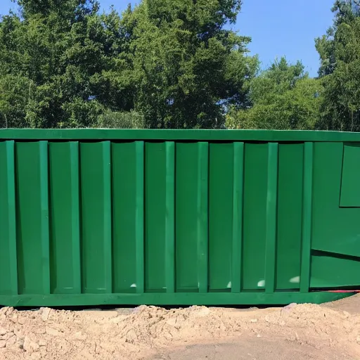 Image similar to gigantic 3 0 foot long rectangular green contractor dumpster side view, wide shot