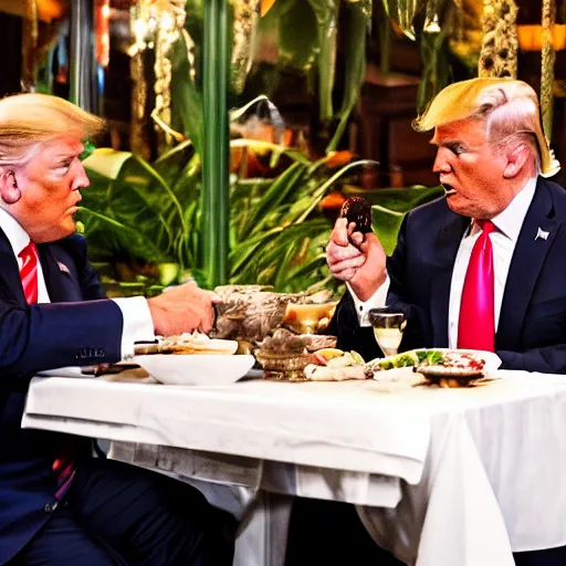 Image similar to Trump and Biden having dinner at a fancy Balinese restaurant, award winning photography, 85mm, perfect faces