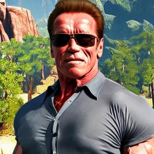 Prompt: Arnold Schwarzenegger in Breath of the Wild