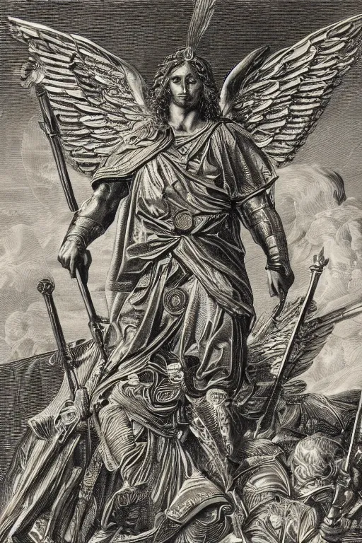 Prompt: A copper engraving of michael the archangel, triumphant, glorious, HD, 4k, 8k, incredibly detailed, intricate, masterpiece,