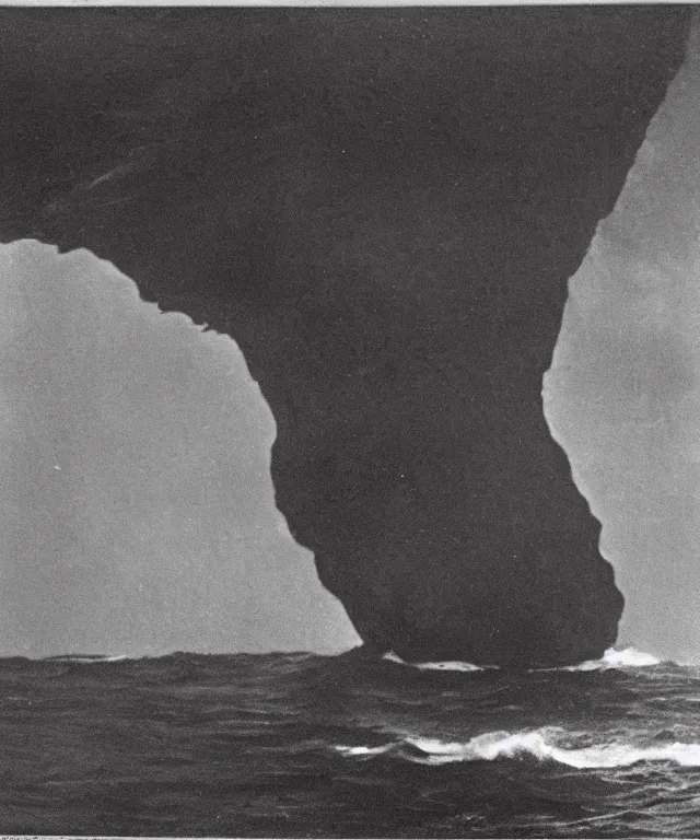 Prompt: photo of a 1 9 2 5 seiner sailing with the jamaican shoreline with the mouth of a sea cave at the waterline, dark, brooding, atmospheric, seascape, lovecraft, horror, smooth, epic, highly detailed, cinematic