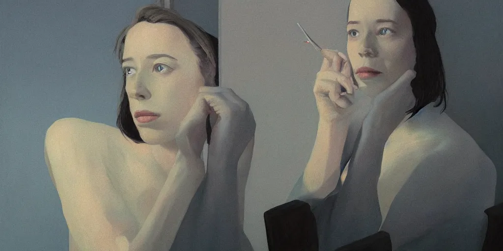 Image similar to rebecca hall portrait by edward hopper and james gilleard, zdzislaw beksinski, highly detailed