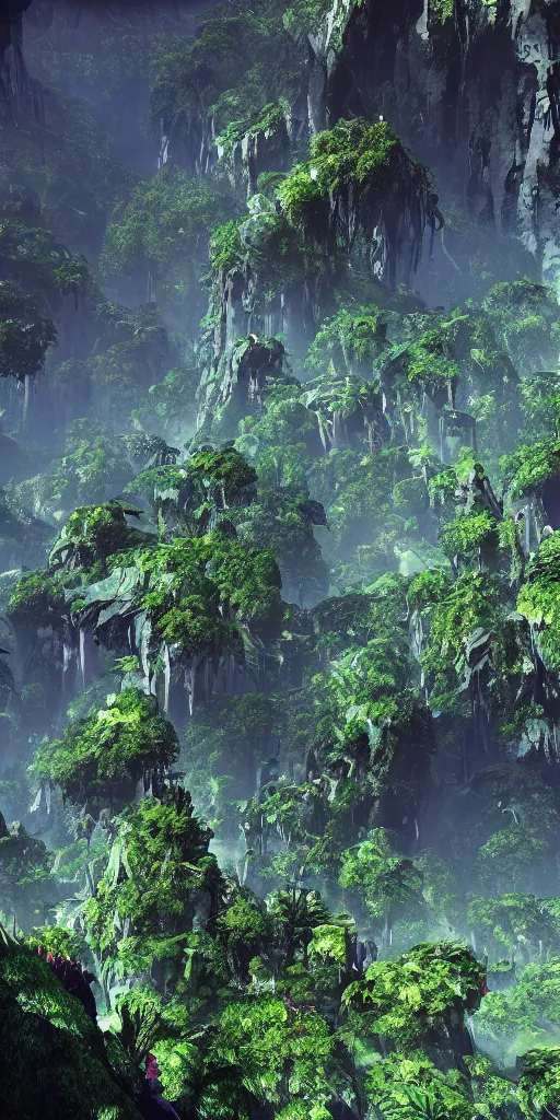 Prompt: a side of a very tall mountains covered in foliage , James Cameron avatar style, cinematic, atmospheric, featured on artstation, ultra detailed