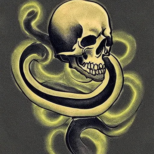 Image similar to dark tattoo, snake wrapping its body around skull, toxic acid green dark colors