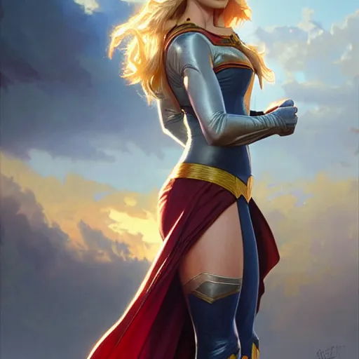 Image similar to Sara Paxton as Super Girl, western, D&D, fantasy, intricate, elegant, highly detailed, digital painting, artstation, concept art, matte, sharp focus, illustration, art by Artgerm and Greg Rutkowski and Alphonse Mucha