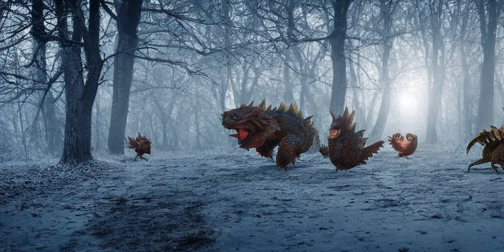 Prompt: photo of real life pokemons, creepy!!!, scaly!!!, gritty!!!, menacing!!!, evil, ultra realistic, gritty, winter, golden hour, volumetric lighting, sharp focus