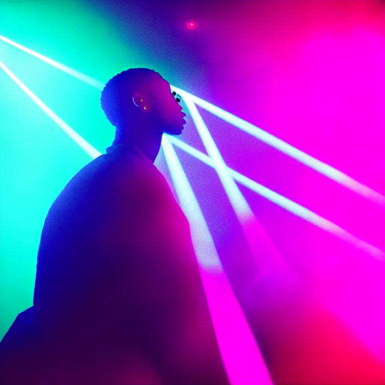 Image similar to rapper using microphone, epic angle, profile view, silhouetted, distinct, psychedelic hip-hop, laser light show, beams of light