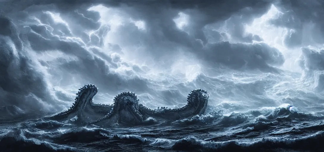 Image similar to wild ocean storm at night, a giant kraken emerging from water, dramatic lighting, cinematic, establishing shot, extremly high detail, foto realistic, cinematic lighting, post processed, concept art, artstation, matte painting, style by eddie mendoza, raphael lacoste, alex ross