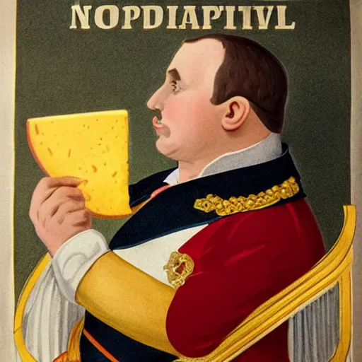 Image similar to a propaganda poster depicting a cat dressed as French emperor Napoleon holding a piece of cheese