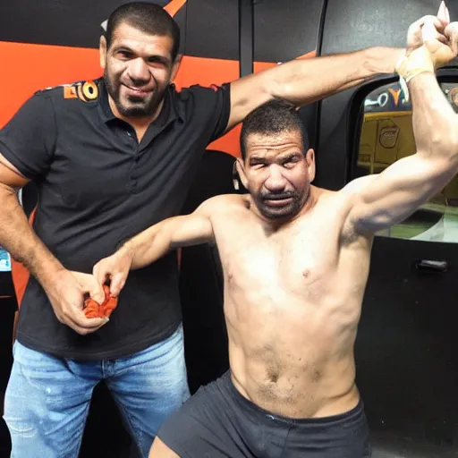 Image similar to antonio rodrigo nogueira holds a single carrot, and antonio rogerio nogueira has his hand on the bus behind them ; photo