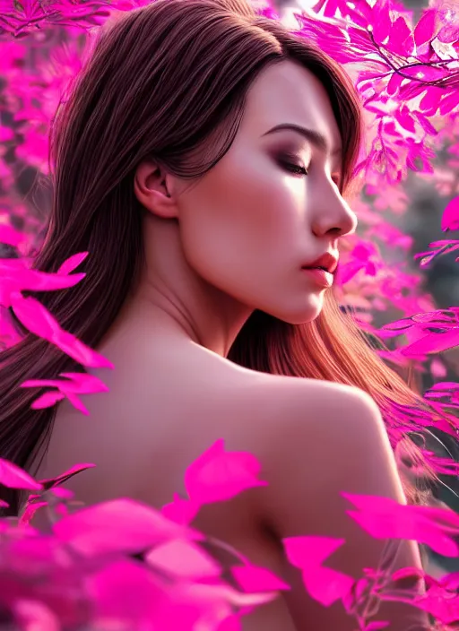 Image similar to photo of a gorgeous female in the style of stefan kostic, realistic, half body shot, sharp focus, 8 k high definition, insanely detailed, intricate, elegant, art by stanley lau and artgerm, extreme bokeh pink foliage
