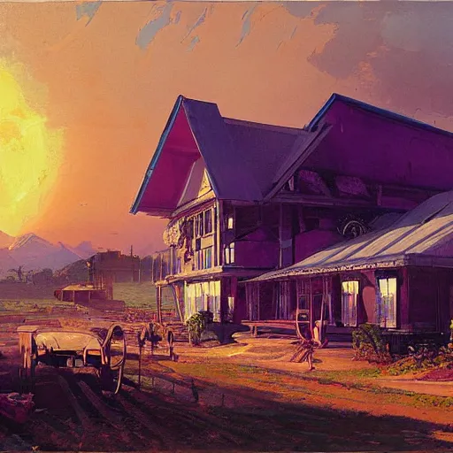 Prompt: painting of syd mead artlilery scifi motel with ornate metal work lands on a farm, fossil ornaments, volumetric lights, purple sun, andreas achenbach