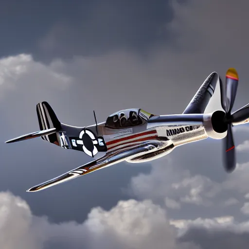 Image similar to P-51 Mustang flying in the clouds, chrome and invasion stripes, close-up, intricate details, intricate textures, warm lighting, vivid colors, realistic octane render, hyper realistic render, volumetric shading, depth of field, raytracing, 8k,