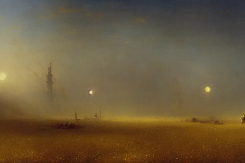 Image similar to sci-fi painting of a large alien city on the wheat fields, the closed back view of one humanoid robot on the ground, by Ivan Aivazovsky , godrays, detailed