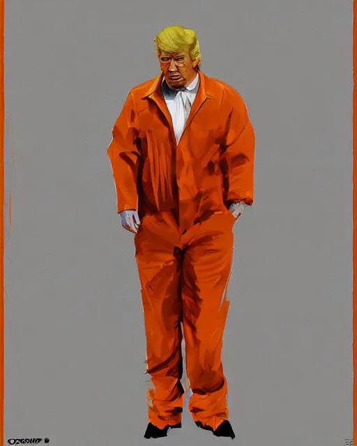 Prompt: a portrait of Donald trump wearing a orange jumpsuit in jail by craig mullins, octane, 35mm photo,