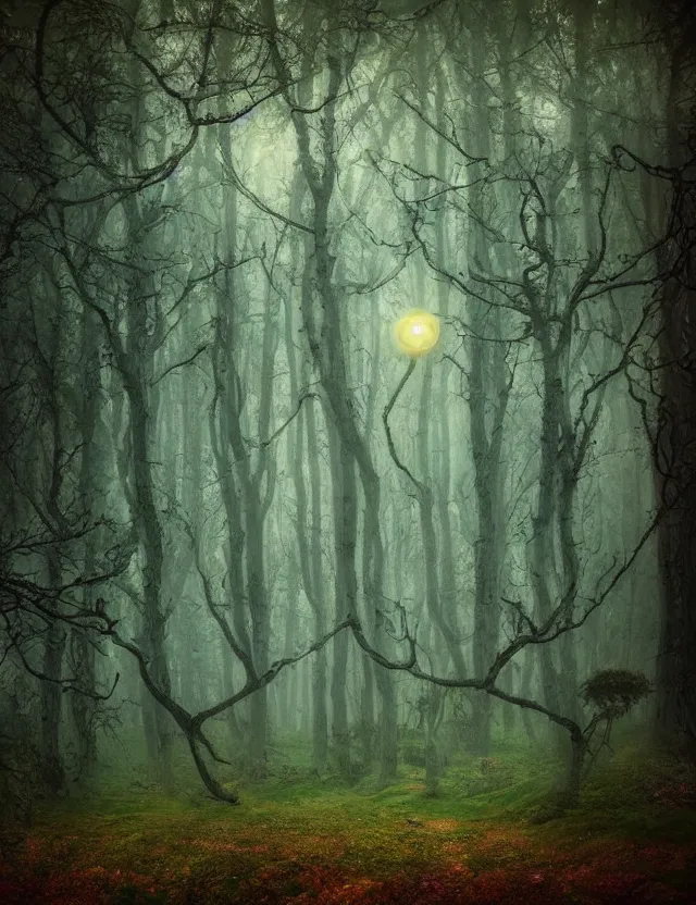 Image similar to mysterious fairy landscape of a mushroom kingdom in the middle of the foggy forest, ornate, misty, dark fantasy, intricate, ring light, baroque elements, van gogh art styles