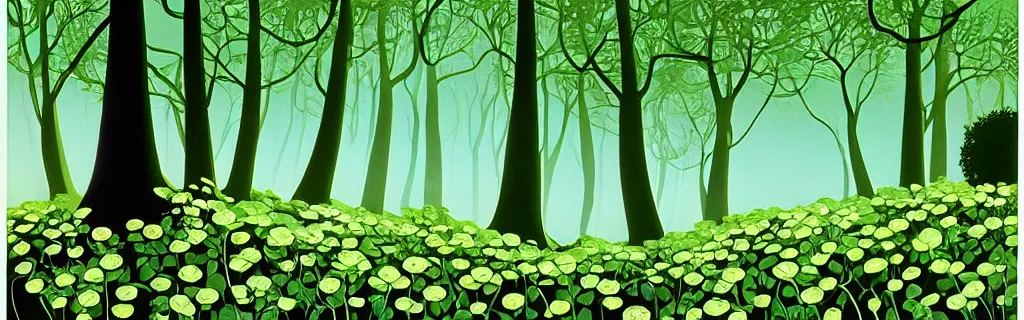 Prompt: forest with green roses, animated film, stylised, illustration, by eyvind earle, scott wills, genndy tartakovski