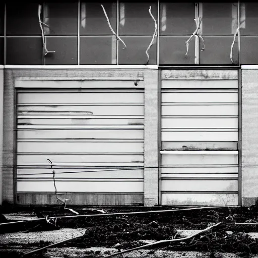 Image similar to a ransacked grocery store, broken signs, filthy flooring. Vines growing. Dystopian. Grainy. Award-winning photo. Sigma 40mm f/1.4 DG HSM