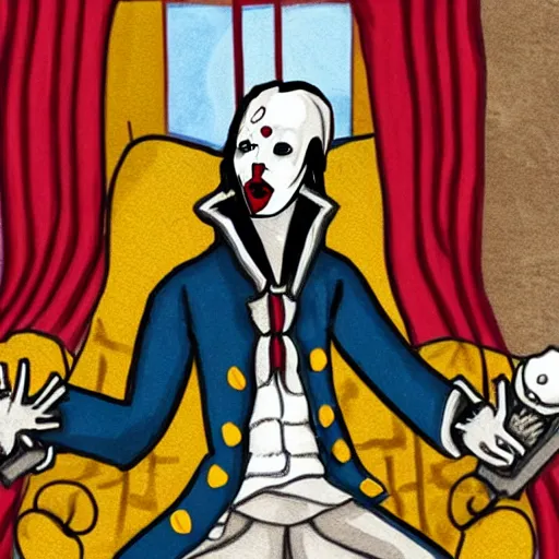 Image similar to a vampire sitting on a throne in his castle during the american revolution. he is surrounded by paintings and is wearing a bright clown emoji mask. character design by john and ai