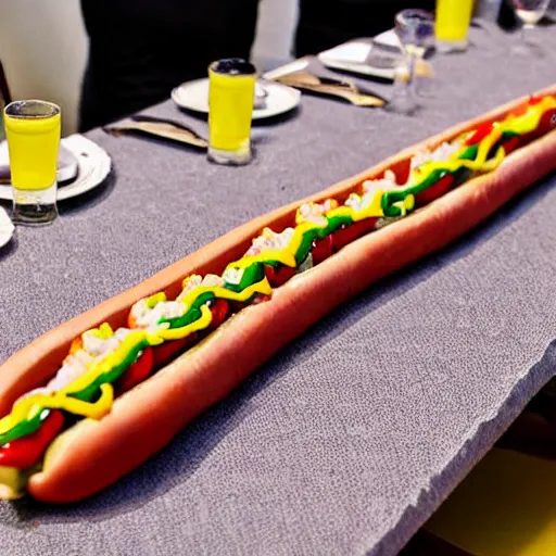 Image similar to award winning twenty meter long hotdog on a long table