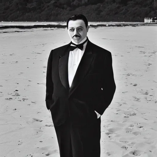 Image similar to b & w photo of gomez addams at the beach