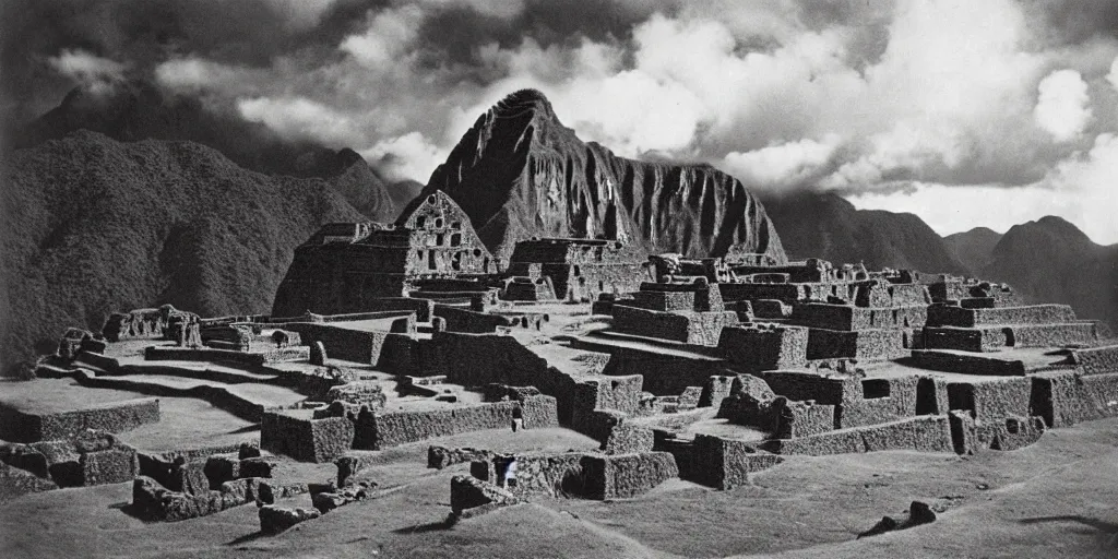 Prompt: lost city of the incas on the auyan tepui, vintage photograph, bw, by edward s curtis, realistic,