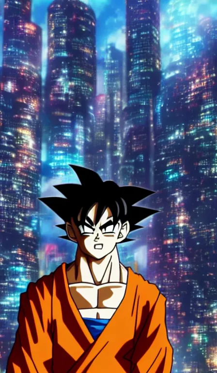 Prompt: anime fine details portrait of Goku in front of cyberpunk moder city landscape on the background deep bokeh, close-up view, anime masterpiece by Studio Ghibli. 8k, sharp high quality anime, artstation