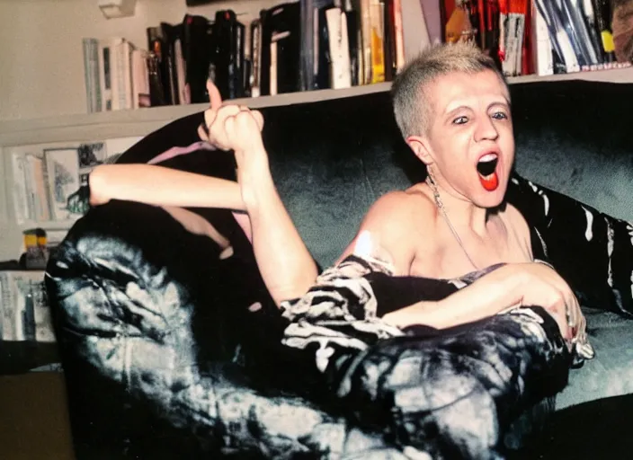 Image similar to kathy acker sitting on a sofa and screaming