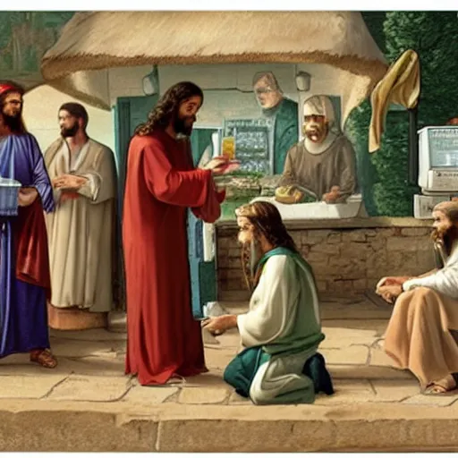 Image similar to Jesus buying a fish sandwich with cash, biblical scene