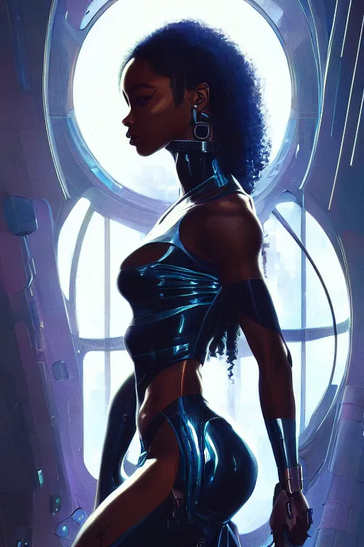 Image similar to very beautiful cyberpunk Normani as aeon flux profile picture by Greg Rutkowski, dynamic pose, intricate, futuristic, fantasy, elegant, by Stanley Artgerm Lau, greg rutkowski, thomas kindkade, alphonse mucha, loish, norman Rockwell, metal chrome, shiny, rainy background, asymmetric, long afro hair,