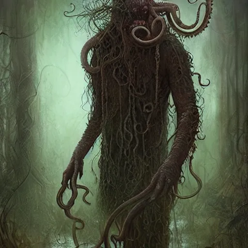 Image similar to happy lovecraftian swamp monster walking through swamp with tentacles by tom bagshaw and krenz cushart