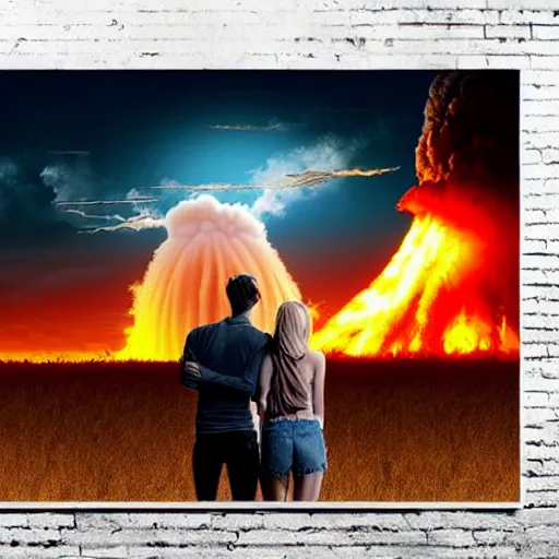 Image similar to a young couple watching a nuclear explosion, romantic, mushroom cloud, uplifting, happy, apocalytic detailed digital matte painting